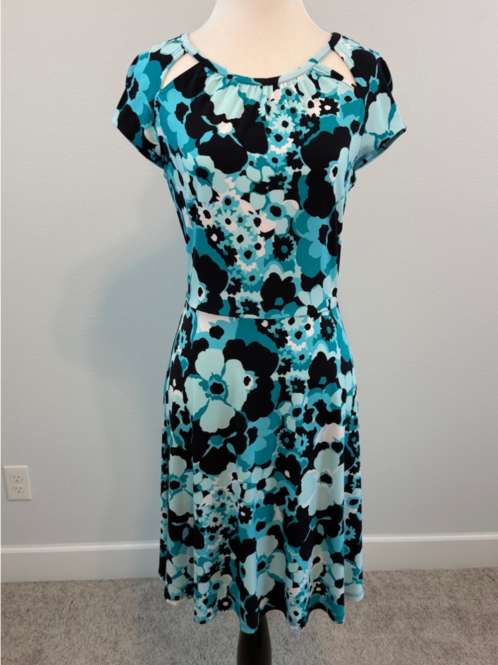 Michael Kors Aqua and Black Floral Midi Dress